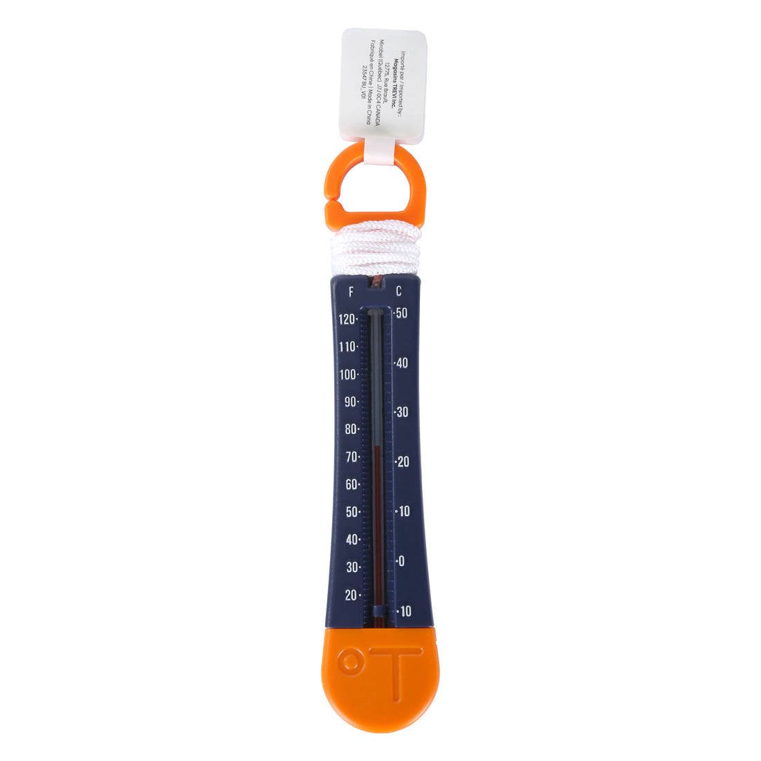 Thermometer with hanging system and integrated cord