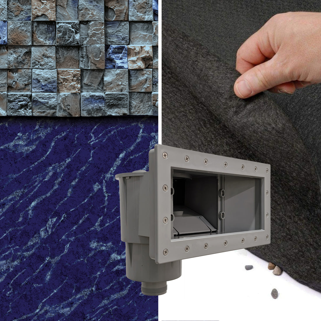 Kit complet pour piscine hors terre ronde – Toile de fond soho, tapis géotextile et écumoire