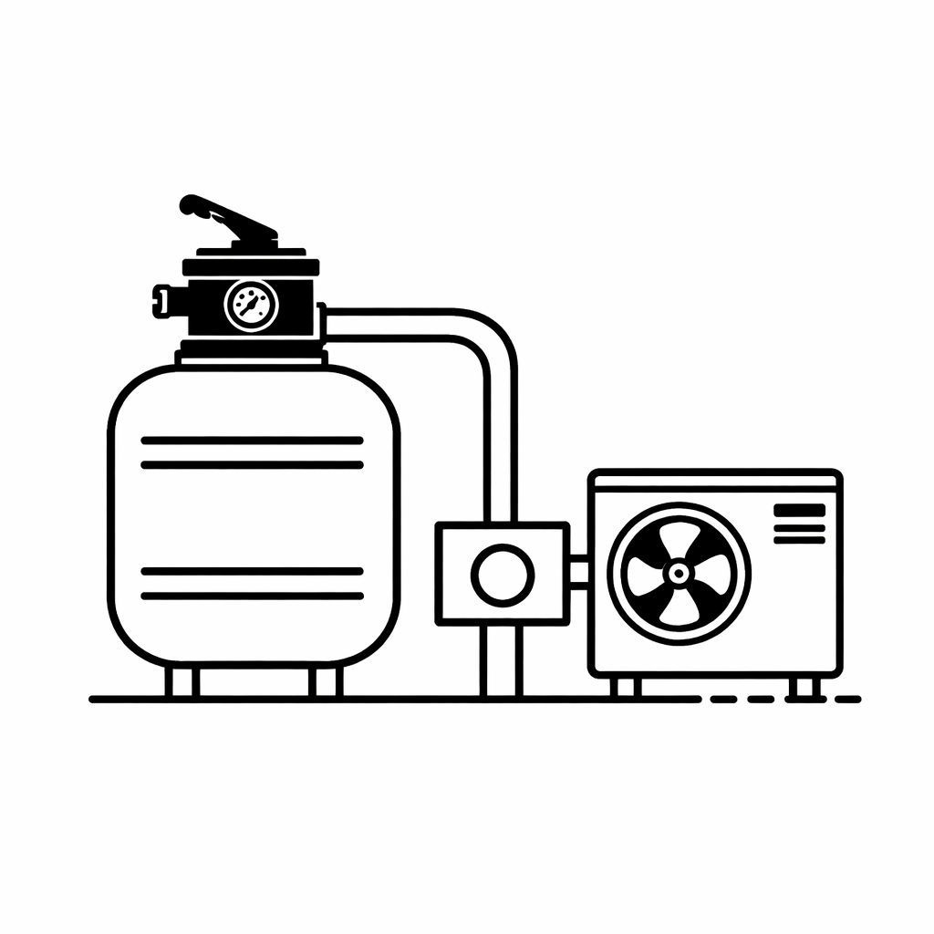 Plumbing for sand filter, pump, and heat pump