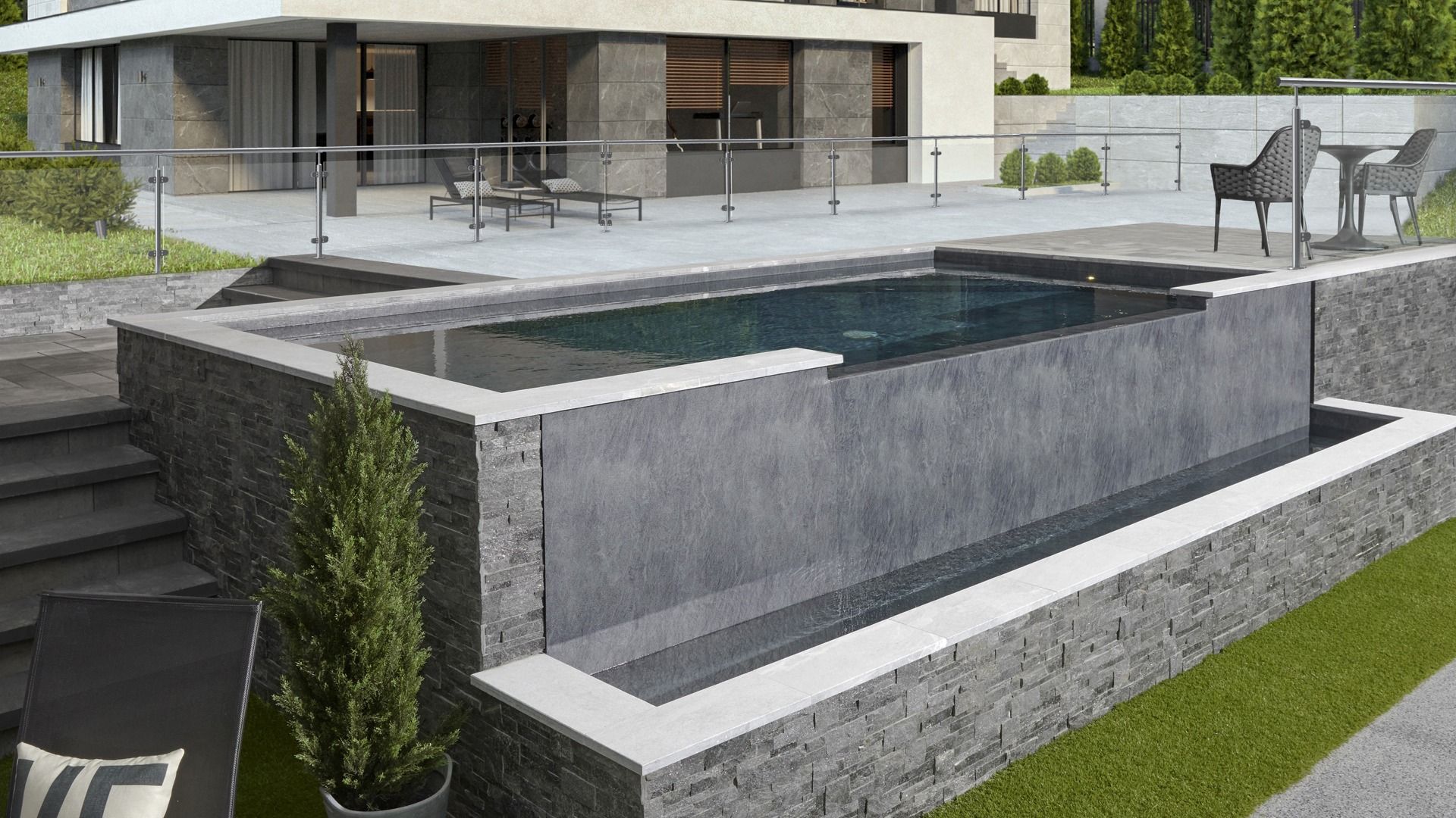 Trevi Infinity | 9′ x 21′ Finlandaise shape | Elegance reinforced membrane | Gibraltar natural stone siding | Reinforced membrane covered corner steps | Integrated bench with reinforced membrane covering