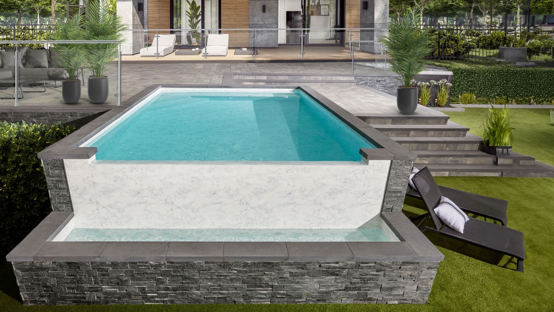 Trevi Infinity | 12′ x 18′ Finlandaise shape | Vanity reinforced membrane | Gibraltar natural stone siding | Corner steps with full-width bench and reinforced membrane covering